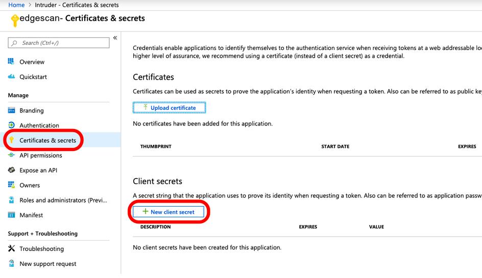 Microsoft Azure - Edgescan Certificates & secrets