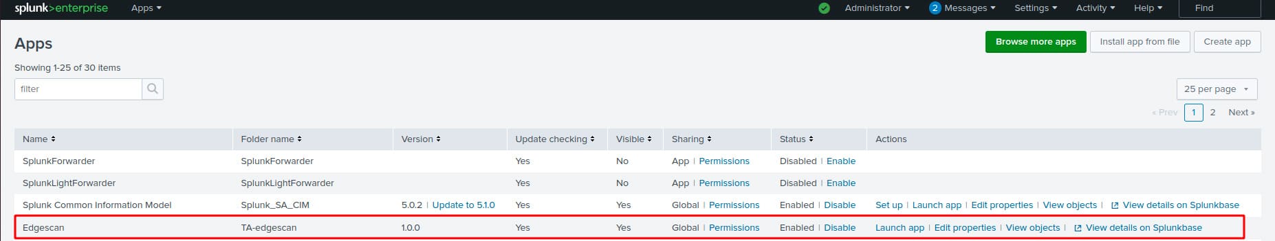 Splunk Enterprise Dashboard - Apps preview