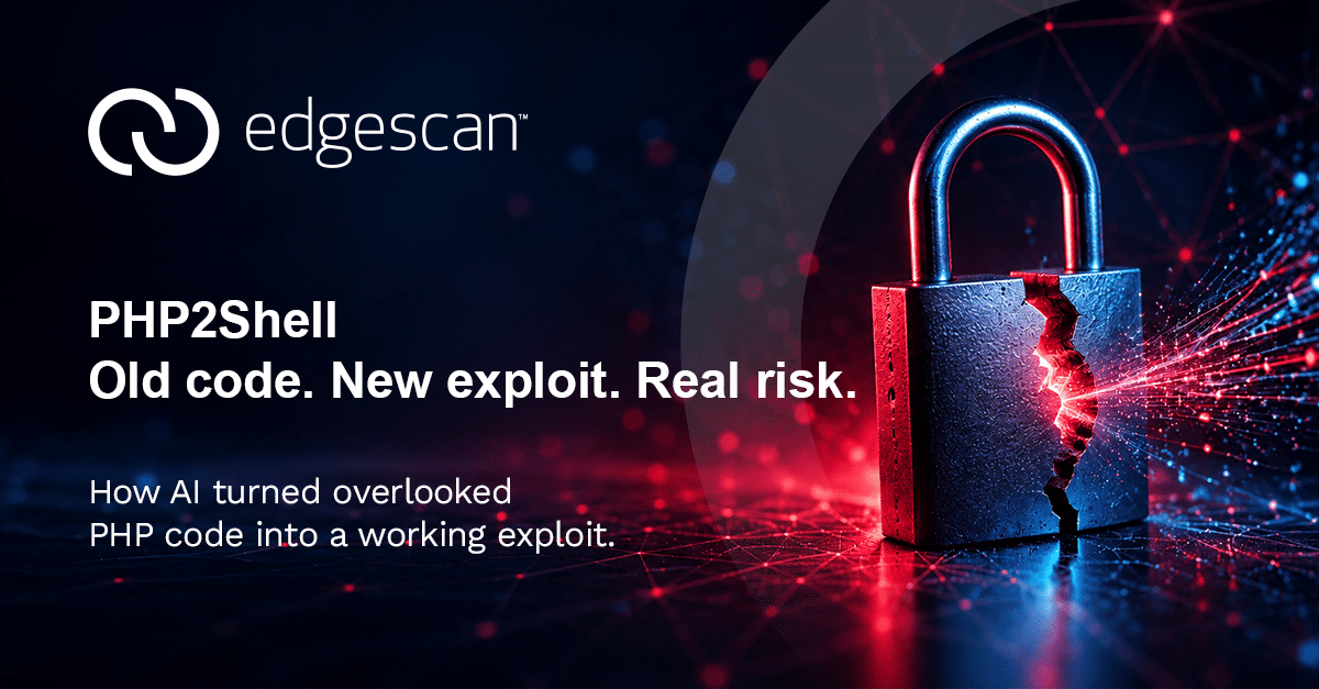Cracked digital padlock glowing red and blue, representing PHP2SHELL and how AI transformed old PHP code into a working exploit highlighted emerging cybersecurity risks